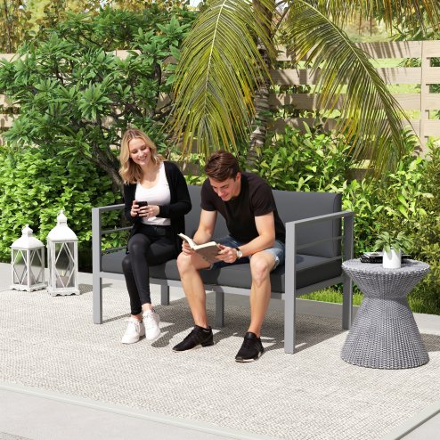 Outsunny 2 Seater Garden Sofa, All-Weather Garden Loveseat with Removable Cushions, Metal Frame Outdoor Furniture for Balcony, Charcoal Grey