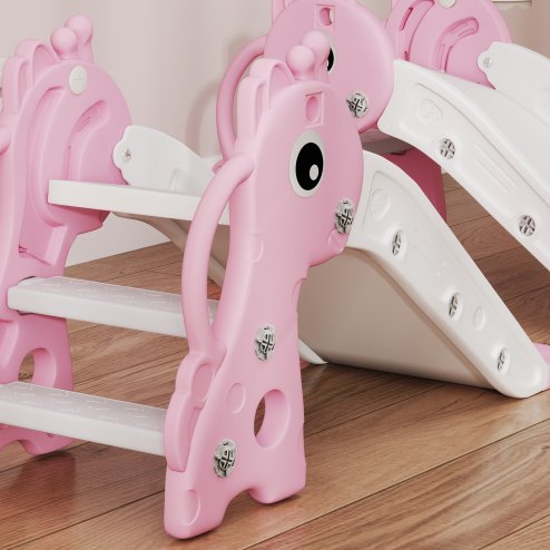AIYAPLAY 3 in 1 Kids Slide, Giraffe Shape Toddler Slide with Climber, Basketball Hoop and Ball, Indoor Playground Equipment for Age 1-3, Pink