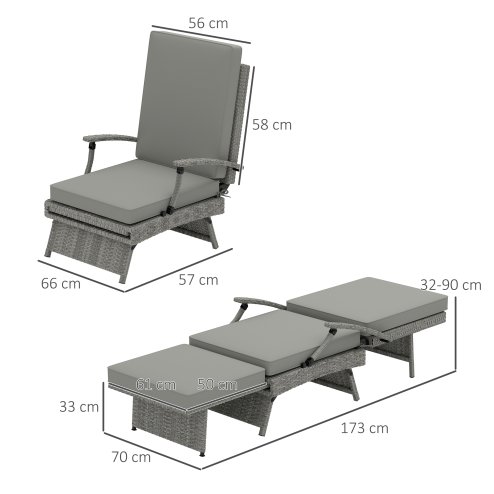Outsunny Outdoor PE Rattan Recliner Chair with Cushion, Foldable Design Garden Recliner Chair with Retractable Footrest and Adjustable Back with 80 Degree Recline