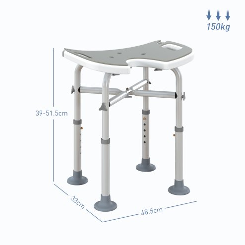 HOMCOM Height Adjustable Shower Stool with Suction Grab Rail, Aluminium Shower Chair with U-Shaped Padded Seat, Non-Slip Bath Stool for Elderly, Disabled, Seniors, Pregnant