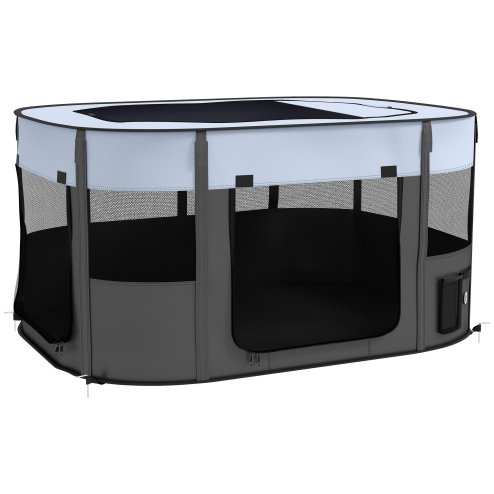 PawHut Dog Pen, Pet Playpen, Portable Foldable Dog Cat Playpen Soft Pet Cage with Storage Bag for Puppies, Rabbits, Kittens, Guinea Pigs, 114 x 89 x 59cm - Grey