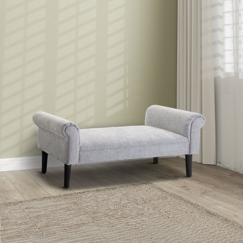HOMCOM Bed End Bench, Window Seat, Linen Chaise Lounge Sofa with Arm and Wooden Legs for Bedroom, Living Room, Grey
