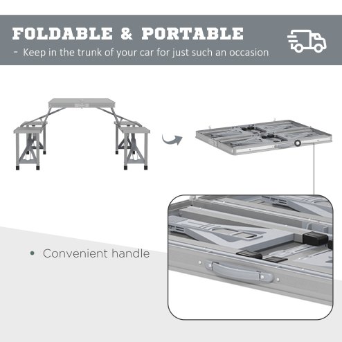 Outsunny Folding Picnic Table with 4 Seats and Umbrella Hole, Aluminium Frame Portable Camping Table Set for Patio, Porch, Garden, Grey