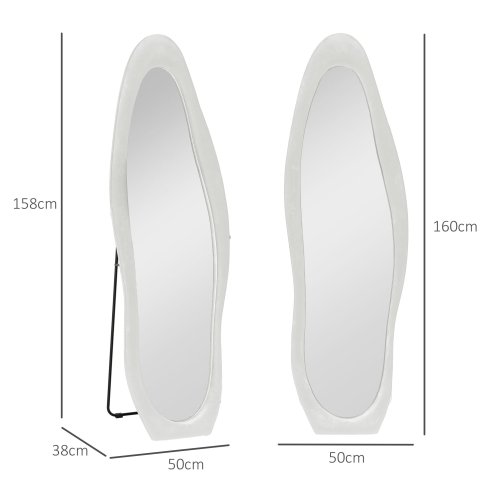 HOMCOM Irregular Wavy Mirror Full Length 160x50cm, Arched Floor Standing Mirror, Leaning or Wall Mounted, Velvet Wrapped Floor Mirror for Bedroom, Living Room, White