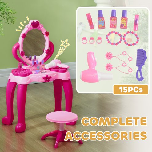AIYAPLAY Kids Dressing Table with Mirror and Stool, Kids Vanity Table Make Up Pretend Play Toys with Light, Music, 15 Accessories, for Ages 3-6 Years, Pink