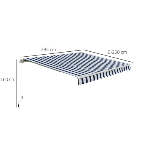 Outsunny 3m x 2.5m Garden Patio Manual Awning Canopy Sun Shade Shelter with Winding Handle Retractable Blue and White