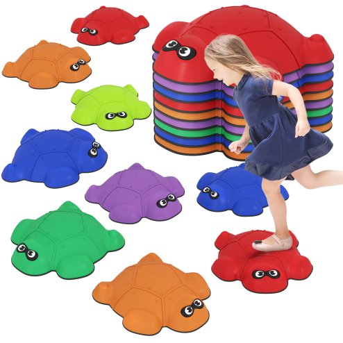 AIYAPLAY Balance Stepping Stones, 9-Piece Turtle-Shaped Stackable River Stones with Non-Slip Edge, Indoor Outdoor Obstacle Course for Kids Age 3-8 Years, Multicoloured
