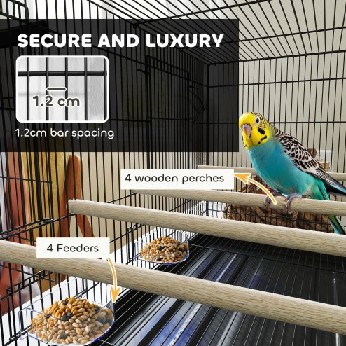 PawHut Bird Cage with Divider, Parrot Cage with 4 Wooden Perches, Slide Out Tray, 4 Feeders, for Budgie, Lovebird, Canary, Finches, 76 x 46 x 46cm, Black