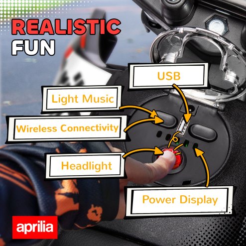 AIYAPLAY 12V Kids Motorcycle, Aprilia Licensed Kids Electric Motorbike with Training Wheels, Spring Suspension, LED Light, Music, USB, Kids Electric Bike for Boys, Girls, Red/Black