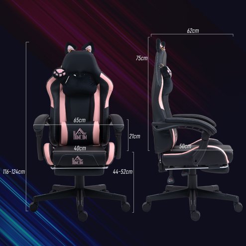HOMCOM Gaming Chair for Adults with Cat Ears, Reclining Computer Chair with Footrest, Faux Leather Game Chair with Lumbar Support and Headrest, Height Adjustable Swivel PC Chair, Black