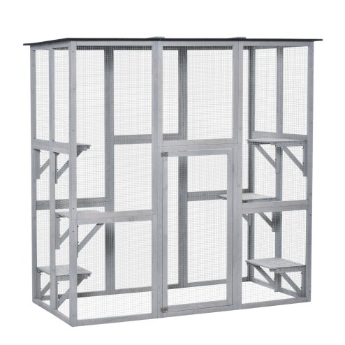 PawHut Large Outdoor Cat House, Walk-in Cat Enclosure, Wooden Catio with 6 Jumping Platforms, Waterproof Asphalt Roof