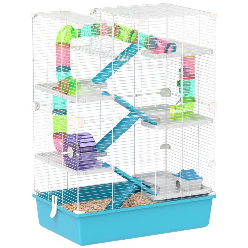 PawHut 6 Tier Hamster Cage, Gerbil Cage with Tubes, Exercise Wheel, Hut, Water Bottle, Food Dish, Ramps, Small Animal Cage for Dwarf Hamster, 58 x 36 x 81 cm, Light Blue