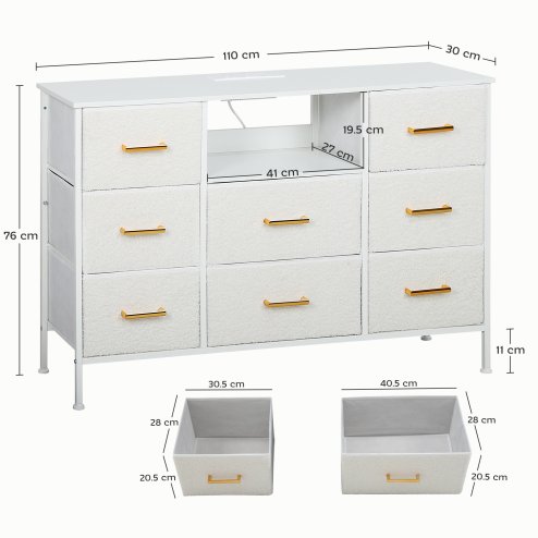 HOMCOM Boucle Chest of Drawers, 8 Fabric Drawers Storage Organiser with Charging Station, 2 USB and 2 AC Ports, Steel Frame, Fabric Dresser for Living Room, Bedroom, Hallway, Cream White