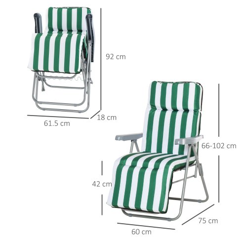 Outsunny Reclining Garden Chair Set of 2, 5-Level Adjustable Zero Gravity Chairs with Cushions, Folding Sun Lounger Garden Recliner Chairs with Armrests for Outdoor, Patio, Green Stripe