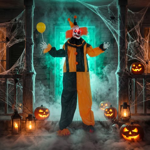 HOMCOM 190cm Life Size Animated Clown Halloween Decorations Outdoor Indoor, Scary Halloween Animatronics Decor with Sound Touch Activated, Red Light Up Eyes, Animated Prop for Haunted House Garden