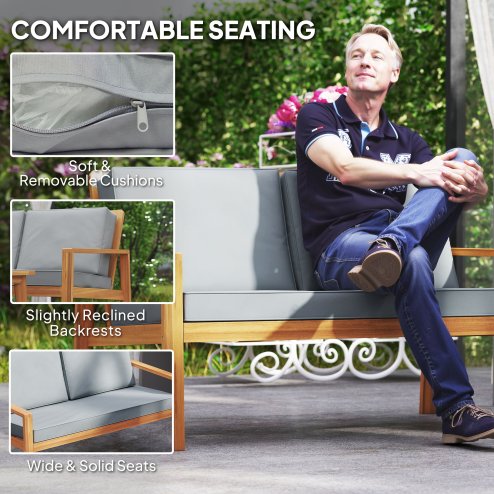 Outsunny 4 Pieces Garden Furniture Set with Cushions, Wooden Garden Sofa Set with 1 Loveseat, 2 Armchairs and 1 Coffee Table, Outdoor Table and Chairs for Conservatory, Balcony, Patio, Teak