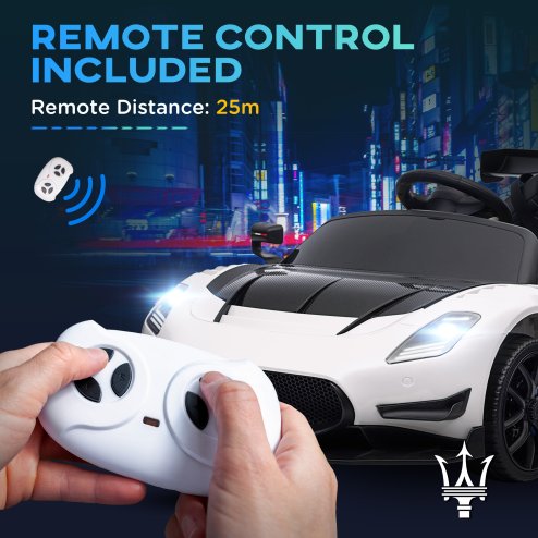 AIYAPLAY Maserati GT2 Licensed 12V Electric Car for Kids, Kids' Electric Ride on with Suspension System, Remote Control, USB, Music, Horn, Lights, Auxiliary Wheels, for Ages 3-5 Years, White