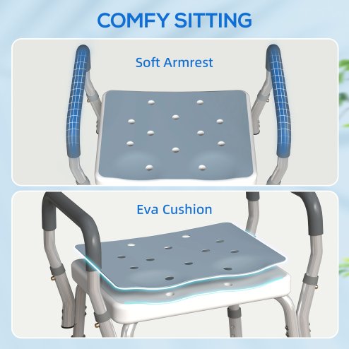 HOMCOM Portable Shower Stool, Non-Slip Shower Chair with Adjustable Height and EVA Cushion, Rust-Free Aluminium Bath Chair for Elderly, Disabled, Light Blue