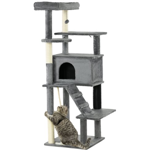 PawHut 148cm Cat Tree for Indoor Cats with Scratching Post, Cat Tower for Two Cats, with Cat House, Bed, Toy, Grey