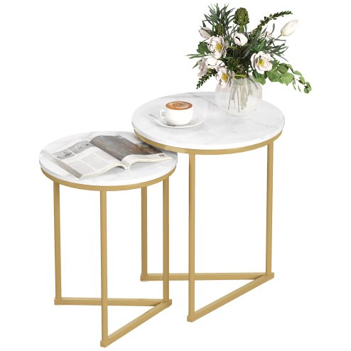 HOMCOM Nesting Coffee Table Set of 2, Modern Nest of Tables, Round Sofa Side Tables with Metal Frame for Living Room, Bedroom, Small Space, Gold Tone