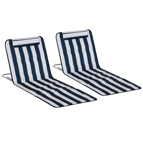 Outsunny Set of 2 Foldable Garden Beach Chair Mat Lightweight Outdoor Sun Lounger Seats Adjustable Back Metal Frame PE Fabric Head Pillow w/ Carry Bag, Blue