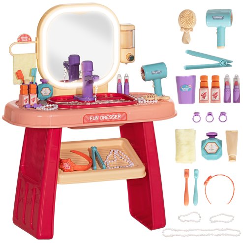 AIYAPLAY Kids Dressing Table, Kids Vanity Table with Mirror LED Light, Music, 23 Accessories, for 3-6 Years - Pink