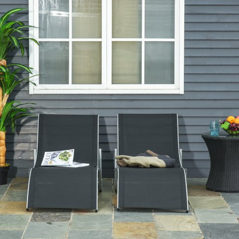 Outsunny Set of 2 S-shaped Foldable Lounge Chair Sun Lounger Reclining Outdoor Chair for Patio Beach Garden, Black