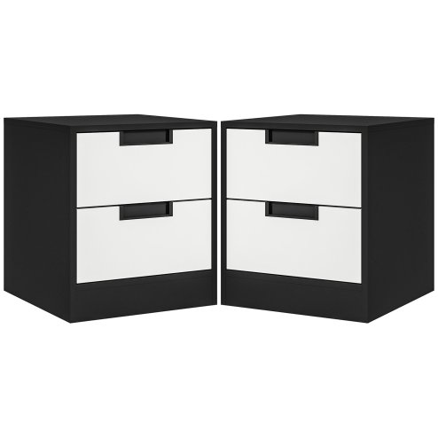 HOMCOM Bedside Tables Set of 2, Nightstands with 2 Drawers, Modern Bedside Cabinets with Storage for Bedroom, Living Room, White and Black