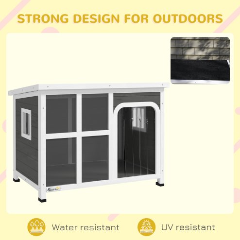 PawHut Outdoor Dog Kennel, Wooden Dog House Shelter with Asphalt Openable Top, Removable Floor, Clear Front Panel, Curtain, Windows, for Small, Medium Puppies, 90 x 62 x 71cm, Light Grey