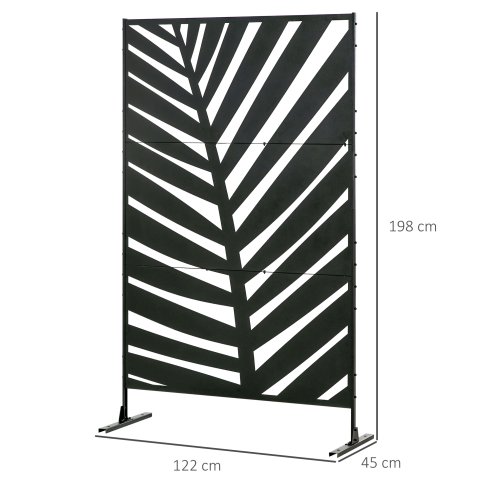 Outsunny Decorative Garden Privacy Screen with Stand, 6.5FT Freestanding Metal Outdoor Divider, Decorative Privacy Panel with Expansion Screws for Garden Pool Hot Tub, Banana Leaf Style, Black