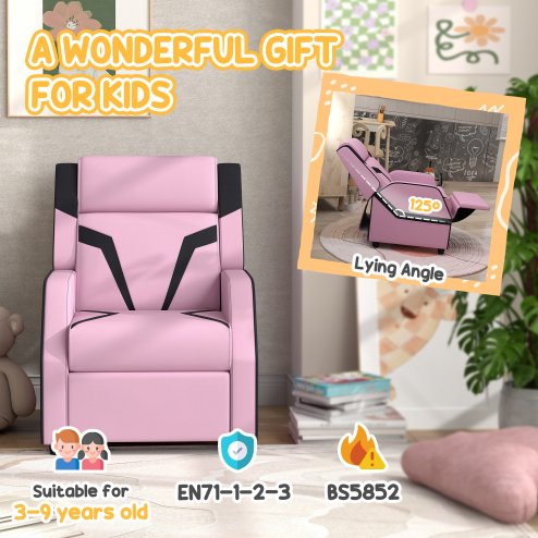 AIYAPLAY Kids Recliner, 2 in 1 Toddler Gaming Recliner with Backrest, Armrest, Footrest, PU Leather Lounge Armchair for Playroom, Bedroom, Kids Room, Pink