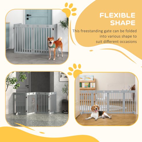 PawHut Freestanding Pet Gate 4 Panel Dog Barrier Folding Safety Fence with Support Feet up to 204cm Long 75cm Tall for Doorway Stairs, Grey