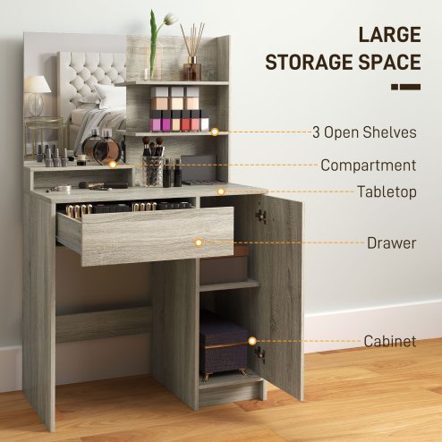 HOMCOM Dressing Table with Mirror and Stool, Vanity Table, Modern Makeup Desk with Drawer, Storage Cabinet and Adjustable Shelf for Bedroom, Natural Wood Finish