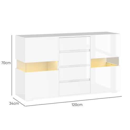 HOMCOM LED Sideboard for Living Room, High Gloss 2-Door Storage Cabinet with 4 Drawers and Remote Control, White