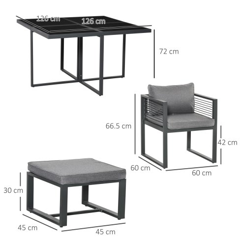 Outsunny 9 Pieces Garden Dining Set with Cushion, 8 Seater Garden Table and Chairs Cube Set with Glass Top Dining Table, 4 Chairs and 4 Footstools, Grey
