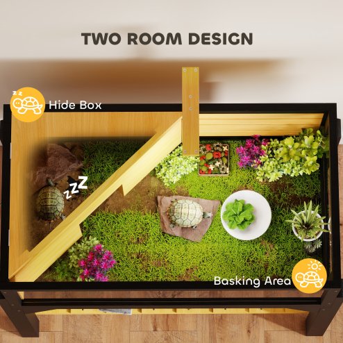 PawHut Wooden Tortoise House with Storage Shelf, Tortoise Enclosure Habitat with Clear Windows, Lamp Holder, Openable Top, Built-in Tray, for Indoor Use, Yellow