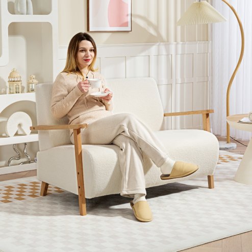 HOMCOM 2 Seater Sofa, Small Sherpa Fabric Couch Settee, Nordic Upholstered Loveseat with Wood Legs and Armrests, Thick Seat for Living Room, Bedroom, Office, Cream White