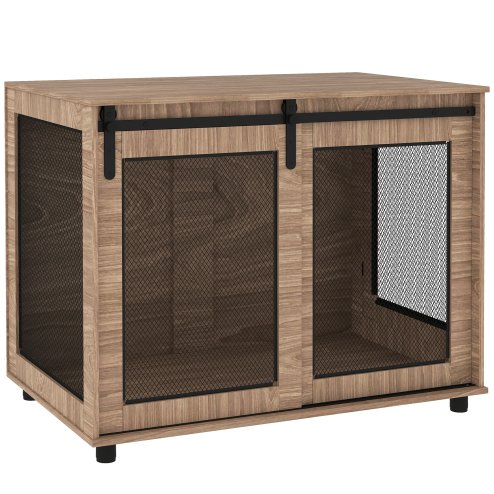 PawHut Dog Crate Furniture, Dog Cage End Table with Sliding Door, Pet Kennel for Large Breeds, 98 x 60 x 78cm, Walnut Brown