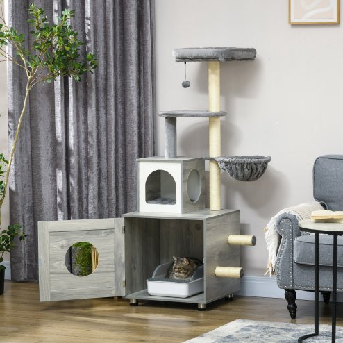 PawHut Cat Tower with Litter Box Enclosure, Cat Tree for Indoor Cats with Cat House, Scratching Post, Hammock, Grey