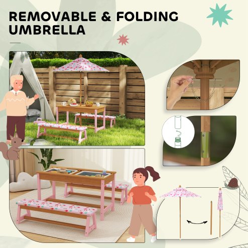 AIYAPLAY Kids Picnic Table, Wooden Children Garden Table and Bench Set with Removable & Foldable Umbrella, Cushions, Storage Boxes, Flamingo Theme Outdoor Furniture for Boys Girls, Pink