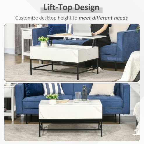 HOMCOM Lift Top Coffee Table, Lifting Coffee Table with Hidden Storage Compartment and Metal Legs, for Living Room, Faux Marble White