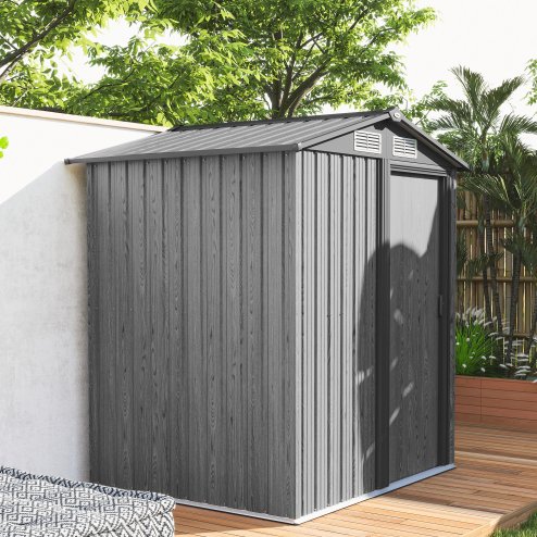 Outsunny 5ft x 4ft Garden Shed, Metal Tool Storage Shed with Sliding Door, Sloped Roof and Foundation Kit for Garden, Patio, Grey Wood Effect