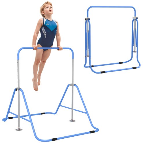 HOMCOM Kids Gymnastic Bar, Foldable Horizontal Bars w/ Adjustable Height, Training Bar w/ Triangle Base - Blue