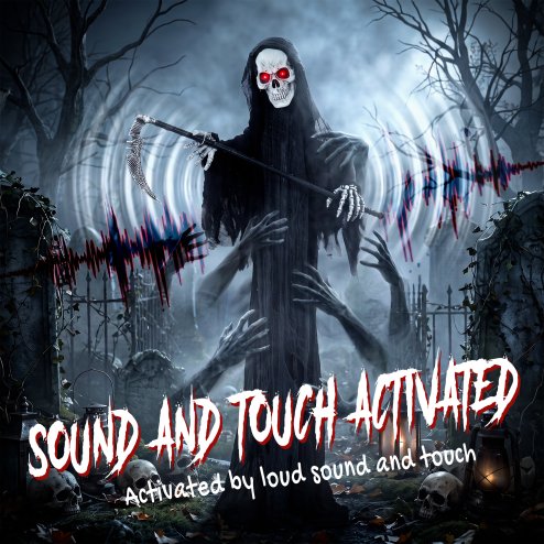 HOMCOM 183cm Life Size Animated Grim Reaper Halloween Decorations Outdoor Indoor, Scary Halloween Animatronics Decor with Sound Touch Activated, Animated Prop with Light Up Eyes for House Garden