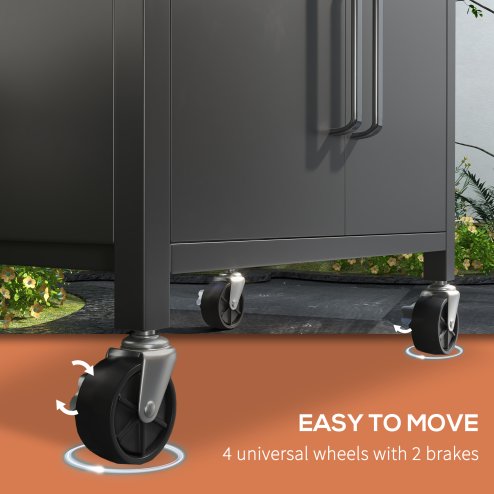 Outsunny 4 Burner Gas BBQ, Outdoor Grill, Portable Barbecue Trolley with Warming Rack, Side Shelves, Storage Cabinet, Thermometer, Carbon Steel, Black