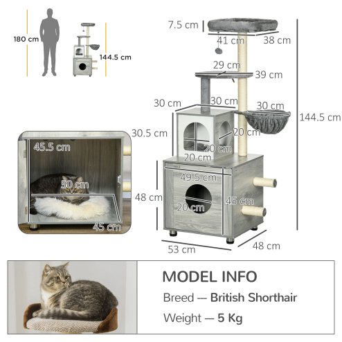 PawHut Cat Tower with Litter Box Enclosure, Cat Tree for Indoor Cats with Cat House, Scratching Post, Hammock, Grey