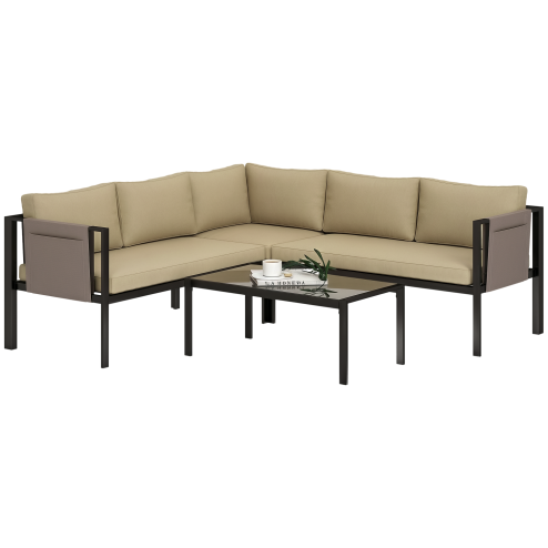 Outsunny 5 Seater Garden Corner Sofa Set, 4 Pieces Metal Garden Furniture Set with Loveseats, Glass Top Coffee Table, Breathable Mesh Pocket, Outdoor Conversation Furniture with Cushions, Khaki