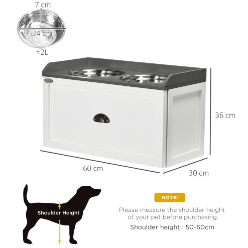 PawHut Stainless Steel Raised Dog Bowls, Double Dog Food and Water Bowl w/ 21L Storage Drawer, for Large Dogs - White