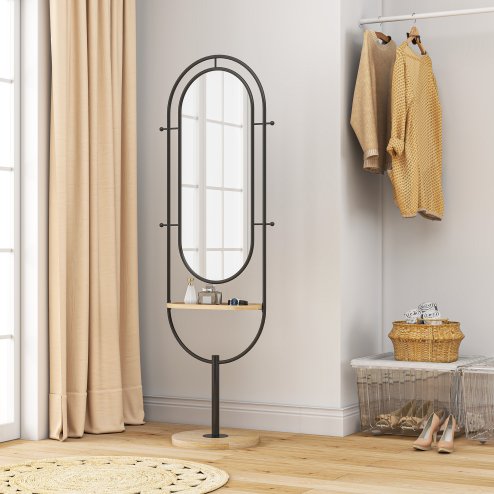 HOMCOM Full Length Mirror, Oval Free Standing Mirror with Wooden Tray, 4 Hooks and Metal Frame for Living Room, Bedroom, Cloakroom, Black