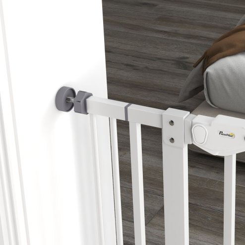 PawHut Extra Tall Dog Gate with Cat Flap, Pet Safety Gate for Doorways Stairs with Auto Close Double Locking, 104 cm Tall 74-101 cm Wide, White